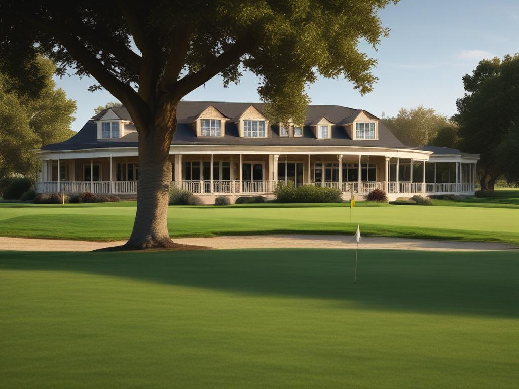 A realistic high-resolution photo of a golf course single clubhouse viewed from the putting green. The composition should focus on the clubhouse as the main subject, showcasing its architecture and surroundings. The background should include the lush green putting green with well-manicured grass, and hints of other golf course features like sand traps and trees. The lighting should reflect a sunny day, enhancing the vibrant colors of the clubhouse and the green. The image should be shot using a 45mm f/1.2 l