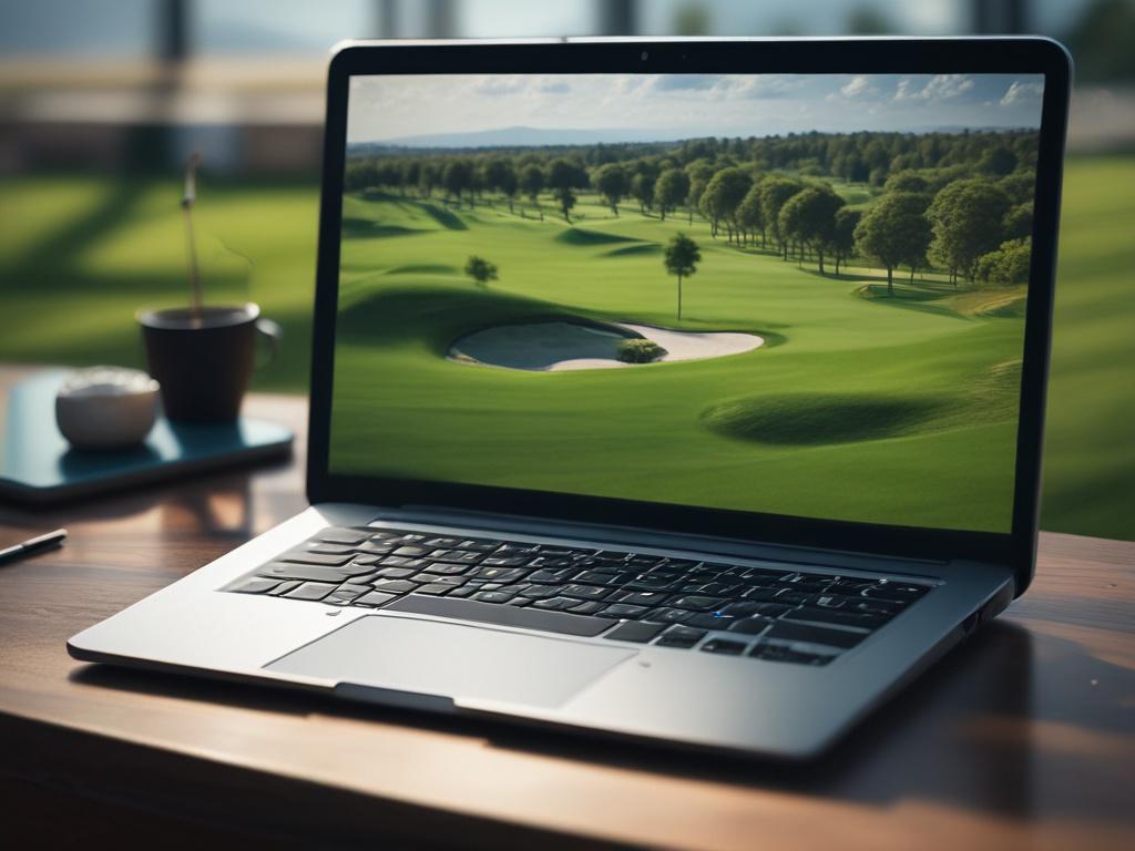A close-up shot of a laptop screen displaying high-resolution drone footage of a golf course. The screen shows vibrant green fairways and a clear blue sky, highlighting the beauty of the course. The background is softly blurred to keep the focus on the screen, with a cozy office setting including a desk and a comfortable chair. Warm, natural lighting illuminates the scene, creating an inviting atmosphere.