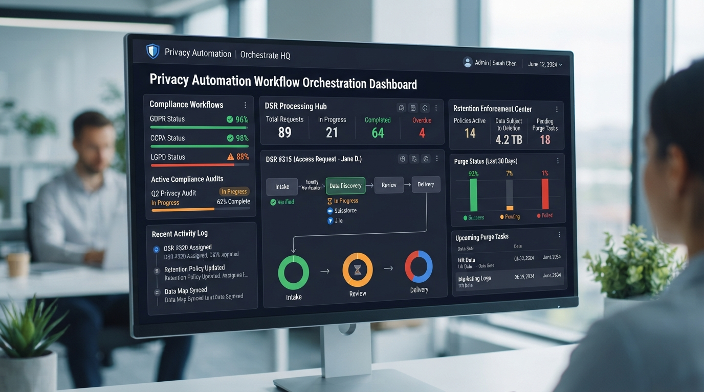 Privacy automation workflow diagram showing DSR and compliance processes