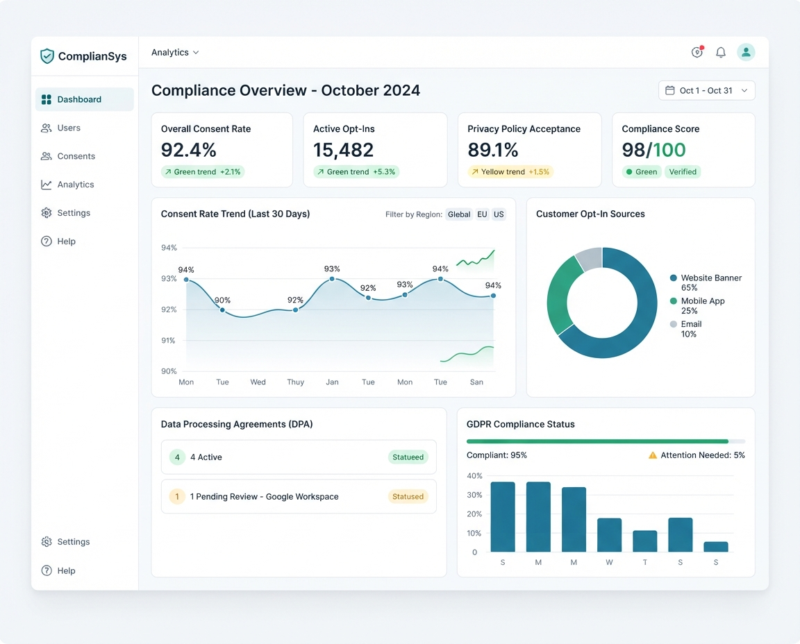 SaaS metrics dashboard displaying consent and compliance analytics