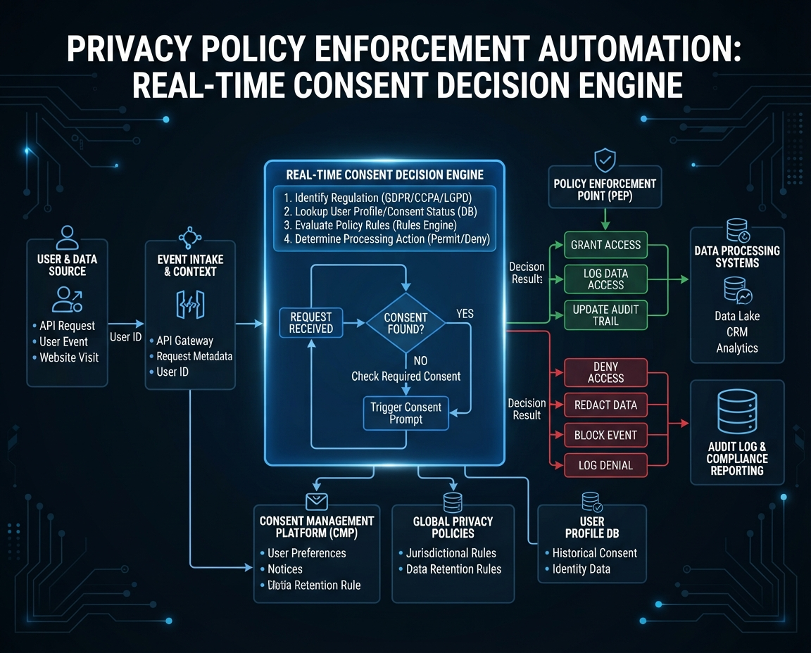 Policy engine automation diagram showing consent enforcement workflow