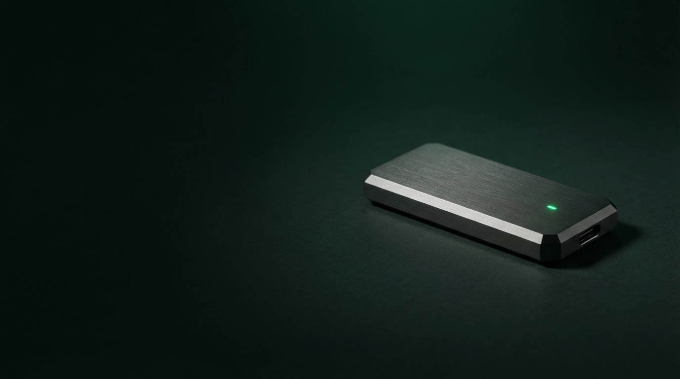 A graphite hardware wallet lit against a deep green studio backdrop