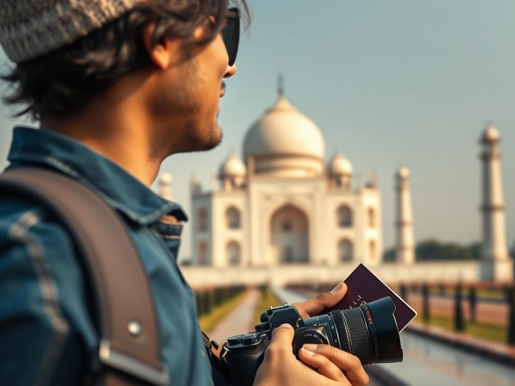 A hyper-realistic close-up of a tourist holding a camera and a passport in front of a famous Indian landmark, like the Taj Mahal. The background is slightly blurred to emphasize the tourist's excitement and the iconic structure. The lighting is bright and cheerful, showcasing the beauty of the landmark and the joy of travel.
