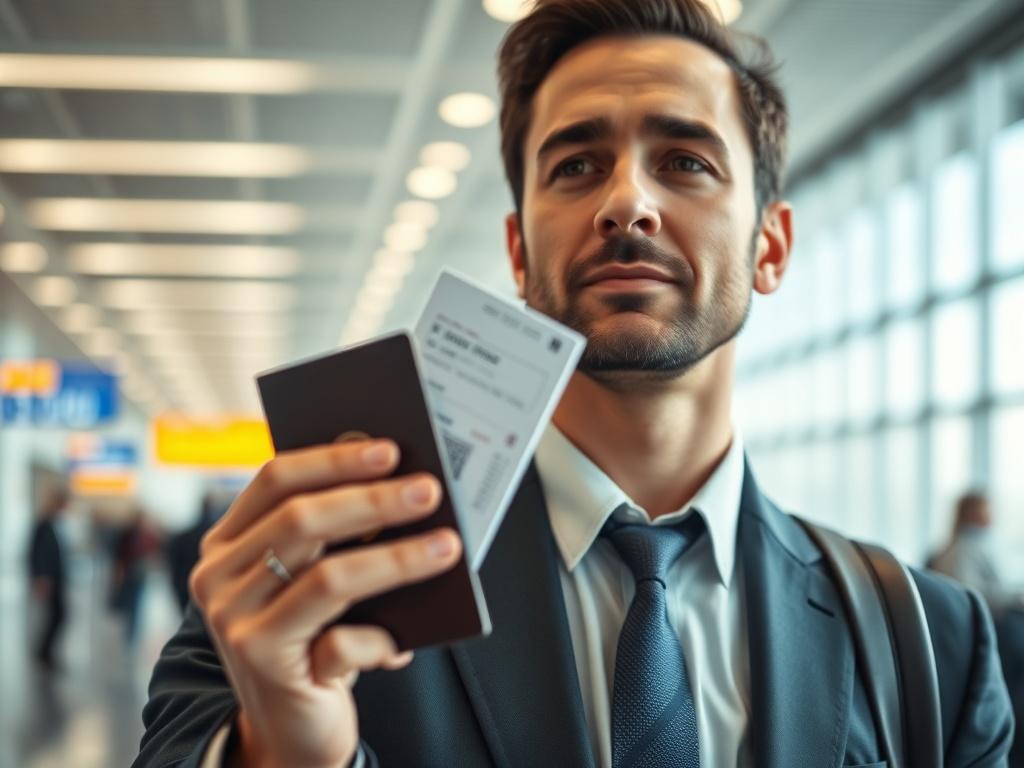 A hyper-realistic close-up of a business traveler holding a passport and a ticket while standing in an airport. The background shows a blurred view of an airport terminal, indicating a bustling environment. The lighting is bright and dynamic, reflecting the excitement of travel. The focus is on the traveler’s facial expression, which shows anticipation and readiness for the journey.