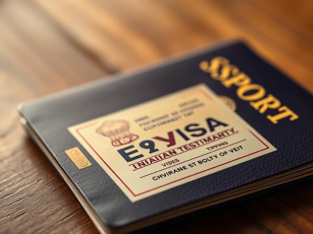 A hyper-realistic close-up shot of a passport with an Indian E-Visa stamped inside, placed on a wooden surface. The background is softly blurred to keep the focus on the passport. The lighting is warm and inviting, highlighting the intricate details of the visa stamp. The colors are rich and vibrant, with an emphasis on the golden hues that contrast beautifully with the dark wood.