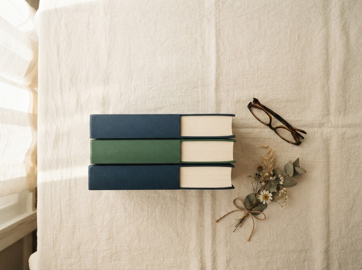 A stack of hardcover books with reading glasses and a dried flower on a cream linen surface