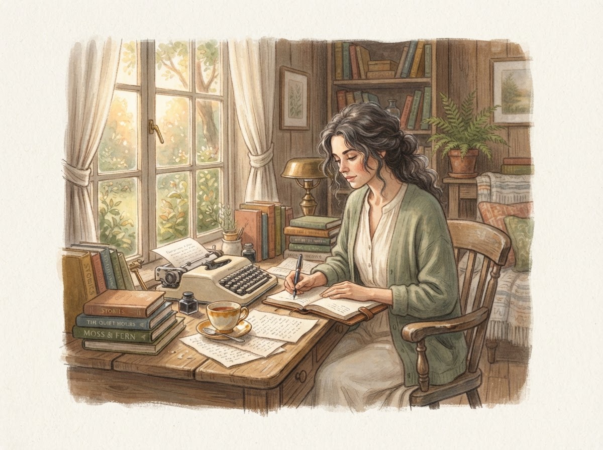 Illustration of an author writing at a wooden desk by a tall window, surrounded by stacks of books