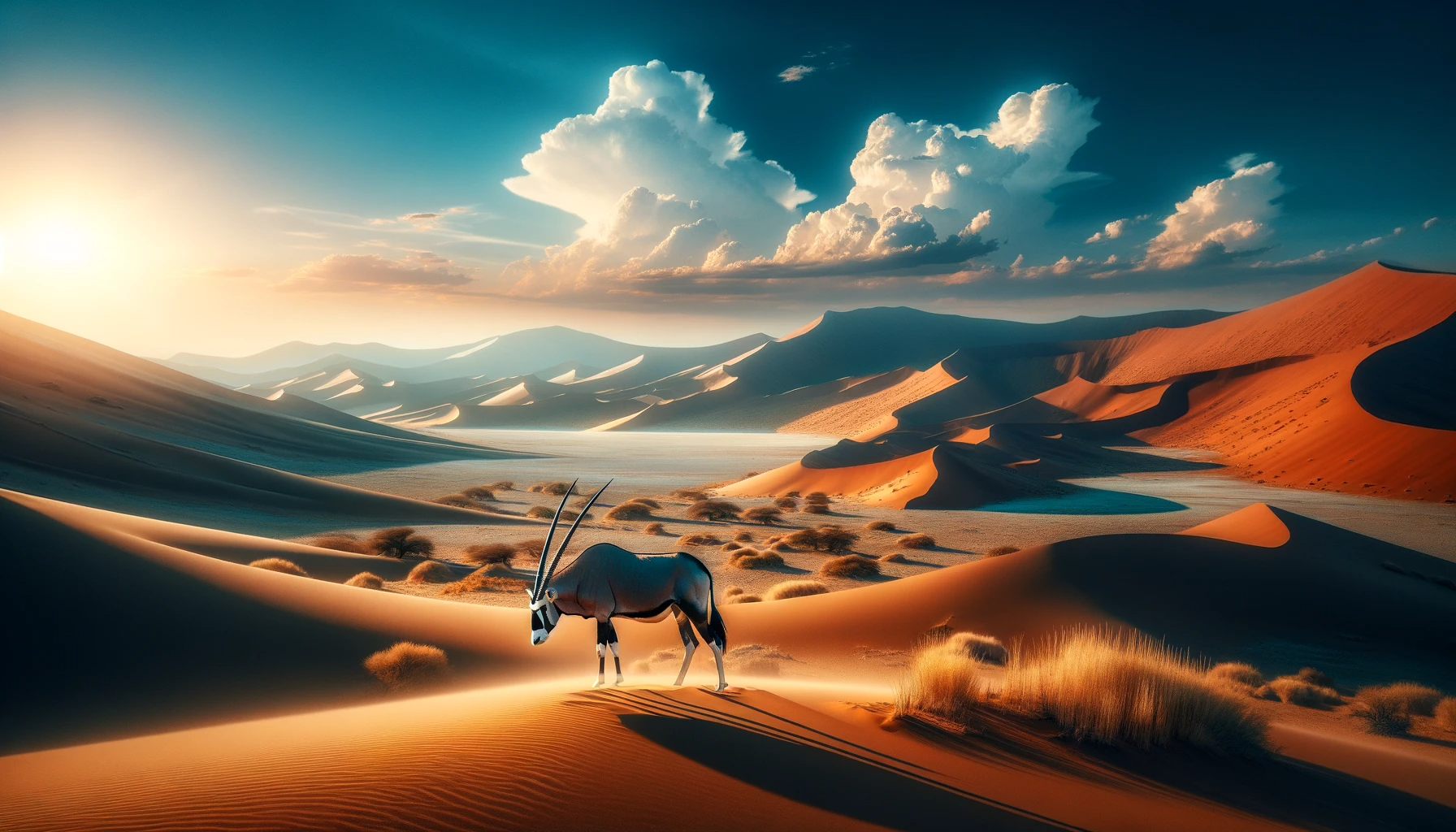dall·e 2023-11-14 12.55.50 - a breathtaking landscape of the namib desert in namibia. the image captures the vast, rolling sand dunes under a clear blue sky, with the iconic oryx .png