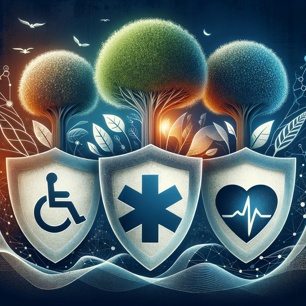 dall·e 2023-11-20 00.30.56 - a creative depiction of life, disability, and severe illness insurance. the image features three distinct sections, each representing one aspect of in.png