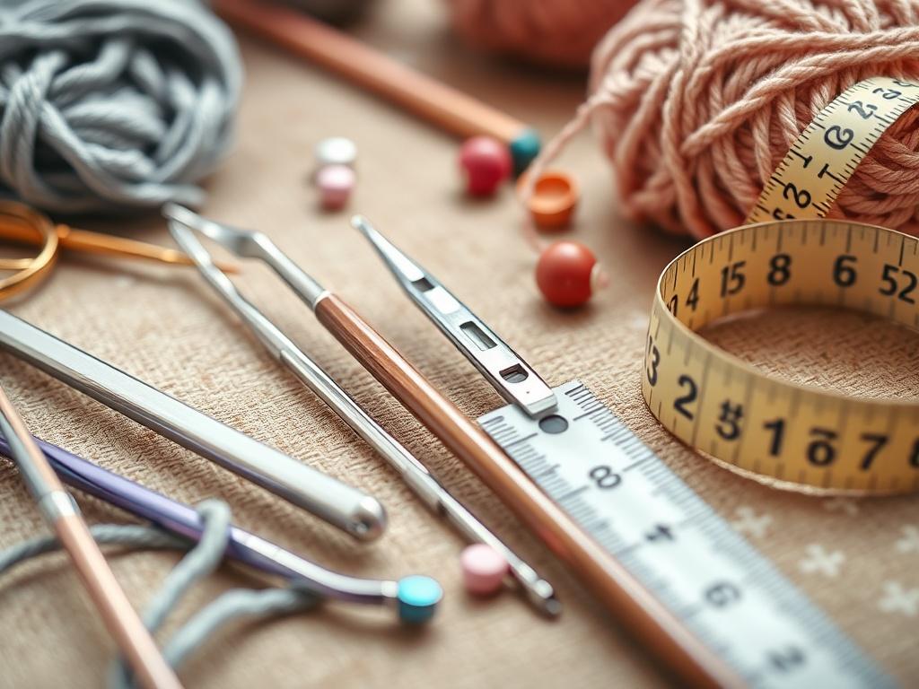 A close up shot of various knitting and crochet tools,