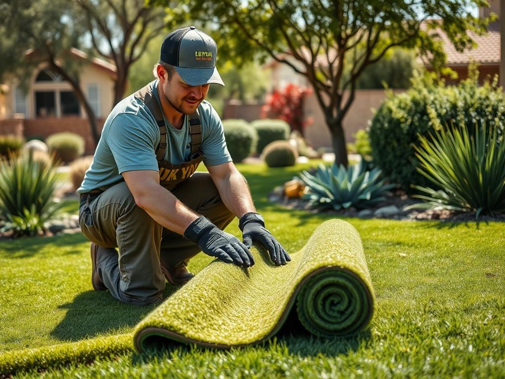 A high resolution of a professional landscaper installing sod on