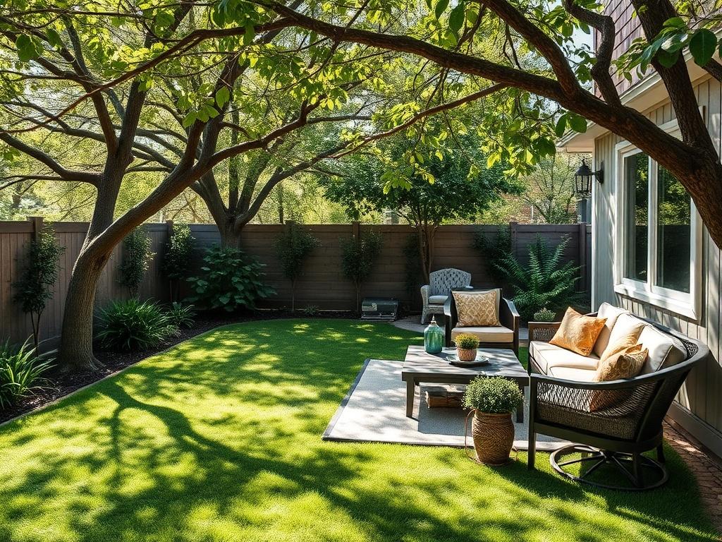 A shaded backyard featuring lush Zoysia sod, with sunlight filtering
