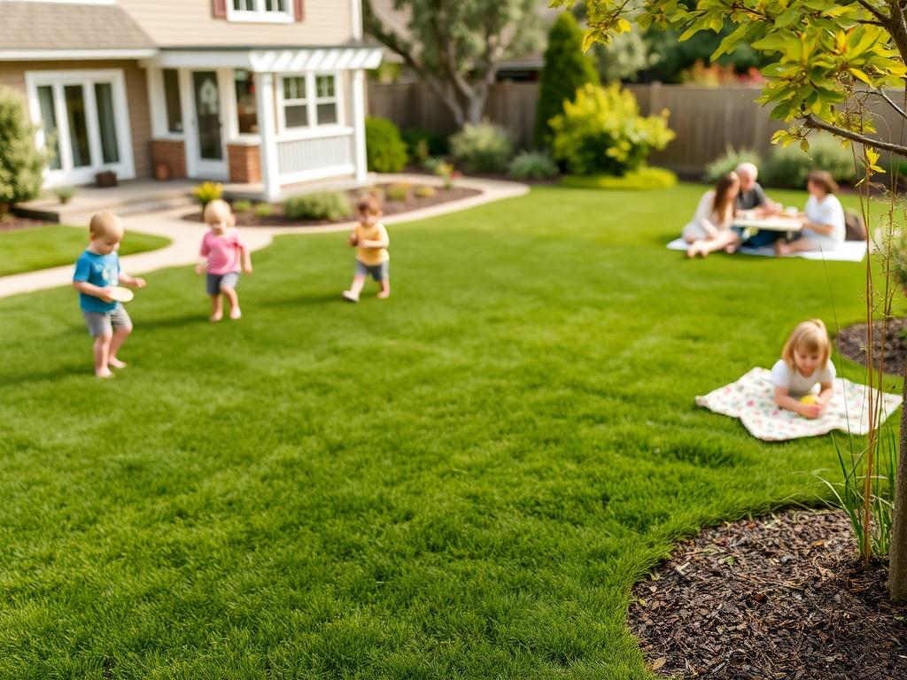 A vibrant yard with Hybrid Tall Fescue sod, featuring children