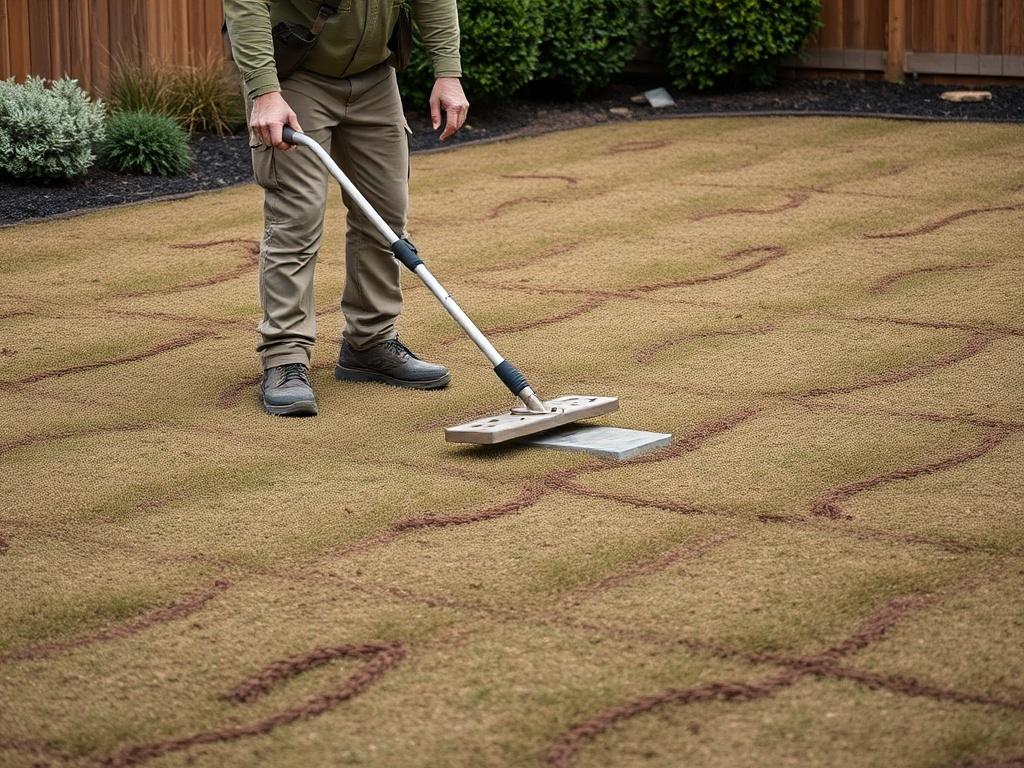 A landscaper using a grading tool on an even plot