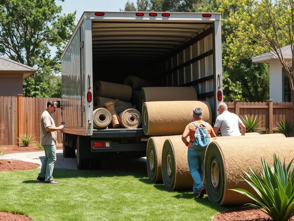 Fresh rolls of sod being unloaded from a delivery truck