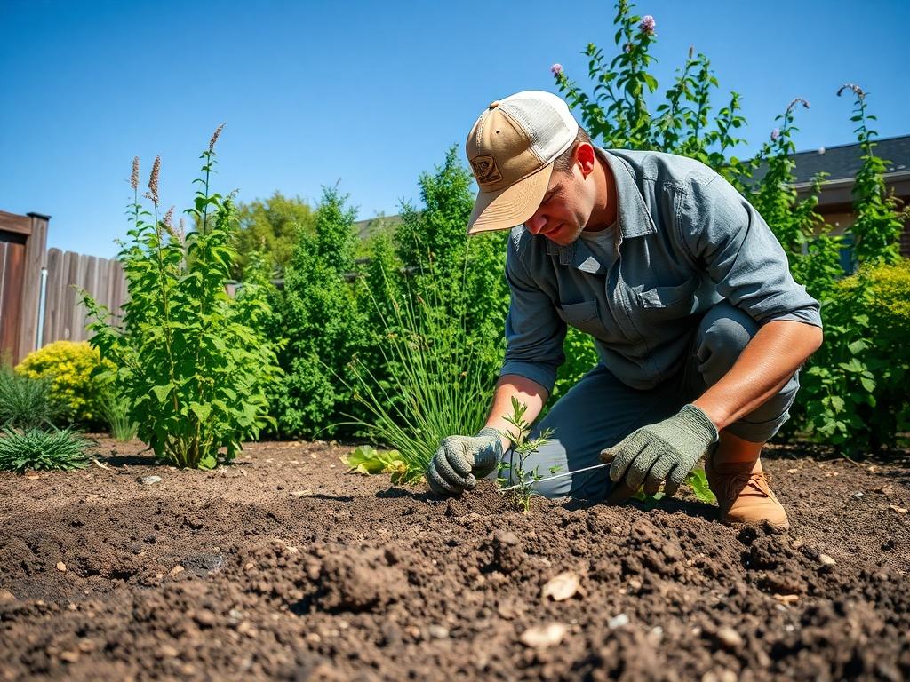 A professional landscaper examining soil in a backyard garden with