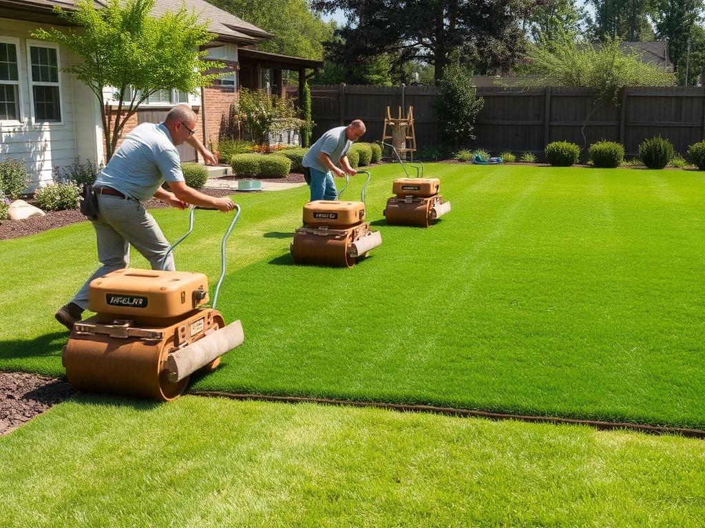 A team of landscapers expertly laying sod in a sunny