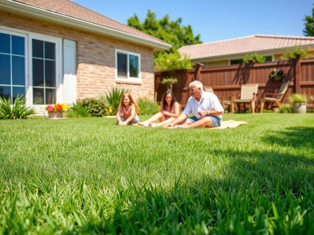 A vibrant green Bermuda grass lawn in a sunny backyard,
