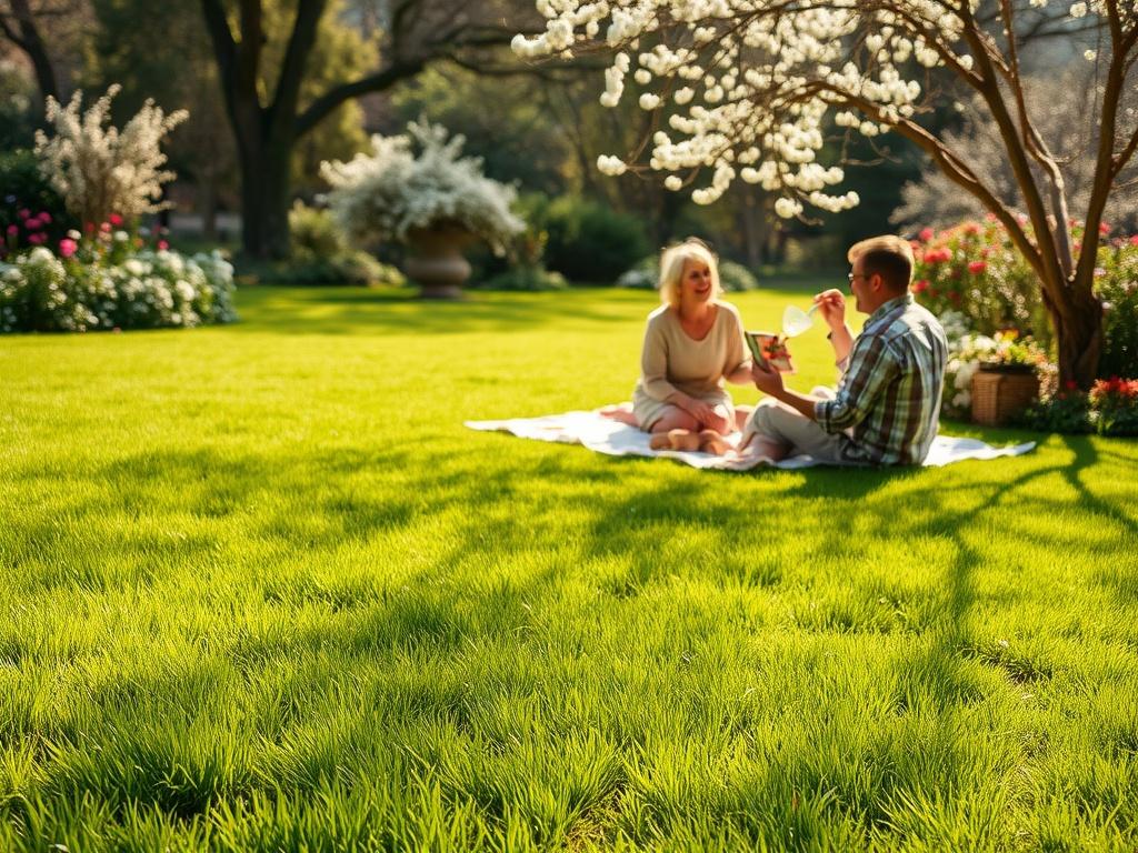 A lush Zoysia grass lawn in a serene garden setting,