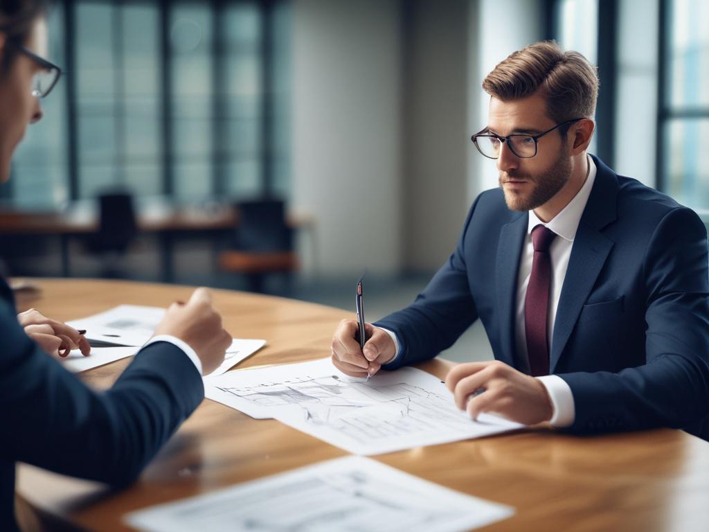 A close-up shot of a professional financial advisor discussing investment strategies with a client, set in a modern office environment. The advisor is pointing at a financial chart displayed on a tablet, showcasing growth and opportunities. The background is softly blurred with hints of greenery, reflecting a calm and productive atmosphere. The image should be hyper-realistic and shot with a 45mm f/1.2 lens.