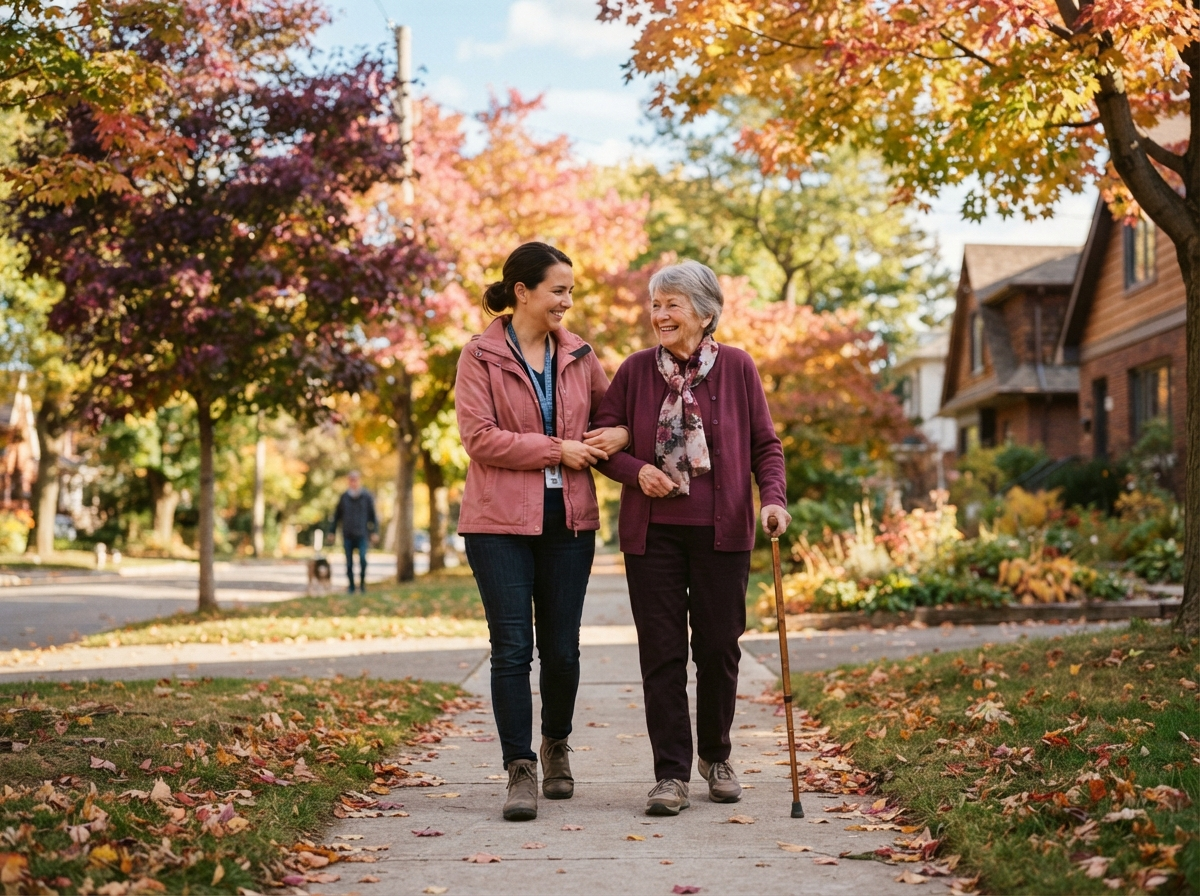 A caregiver walking arm in arm with an older adult on a sunny sidewalk