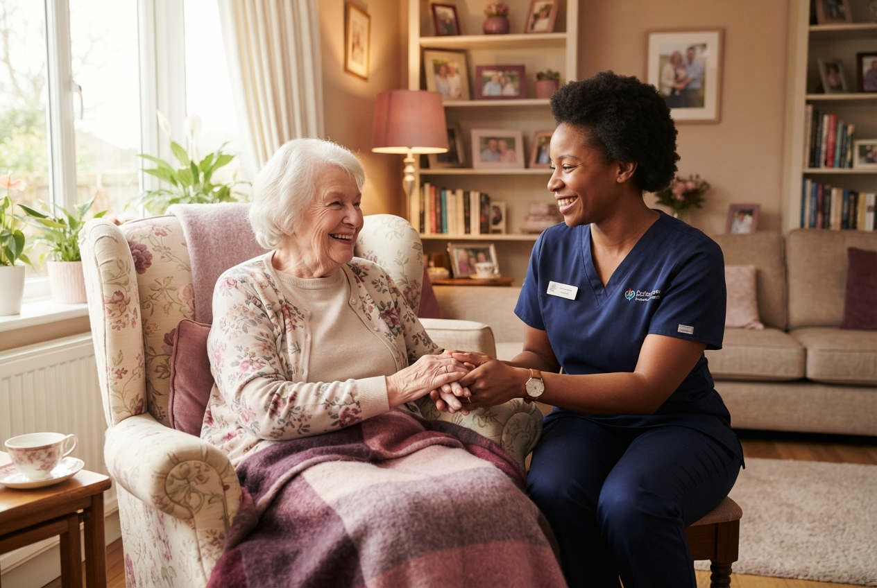 A caregiver sharing a warm moment with an older client at home
