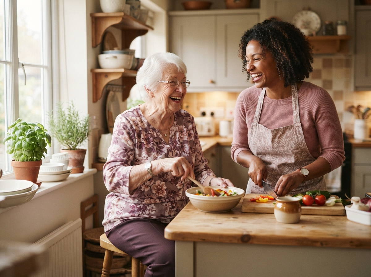 A caregiver and an older client laughing together while preparing a meal