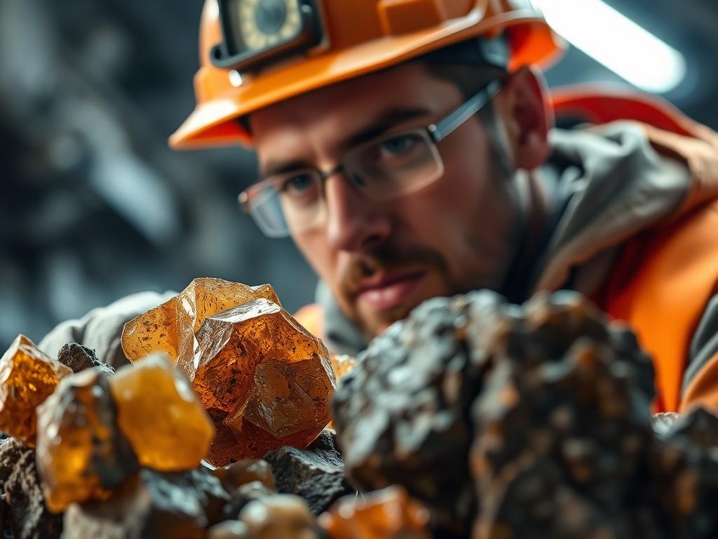 A close-up shot of a miner inspecting raw minerals in a well-lit environment. The miner is focused, wearing safety gear, with rich, textured minerals in the foreground, showcasing their natural colors and forms. The background is softly blurred to emphasize the minerals and the miner's expertise, while being compatible with the color #CFB07C.