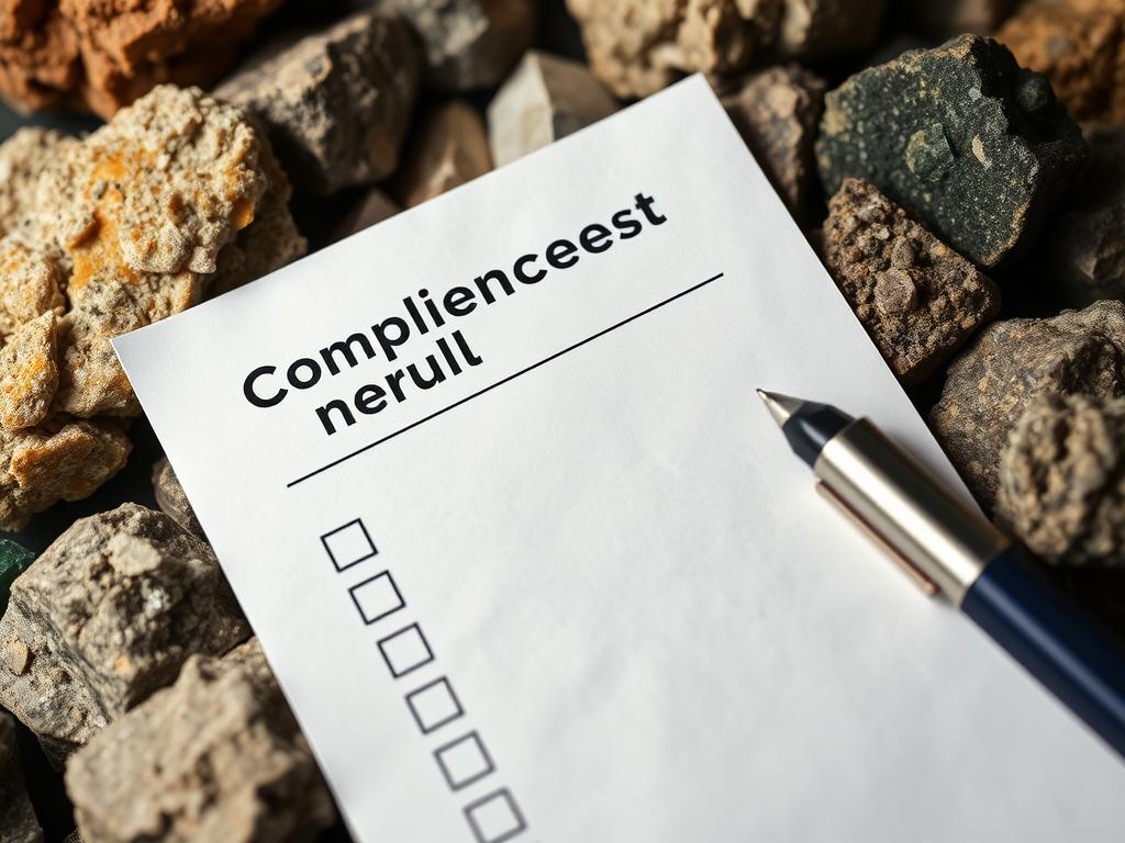 A close-up shot of a Compliance Checklist document, with checkboxes ticked, displayed against a backdrop of mineral samples. The focus is sharp on the checklist, emphasizing its importance in the mineral sourcing process.
