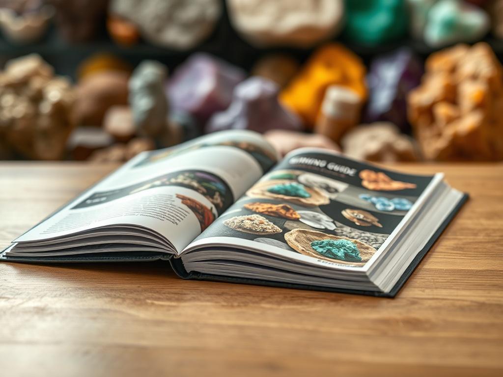 A close-up shot of a beautifully designed Mineral Sourcing Guide book, laid open on a wooden table. The background features a softly blurred image of mineral samples, showcasing their natural colors and textures, highlighting the richness of Uganda's mineral resources.