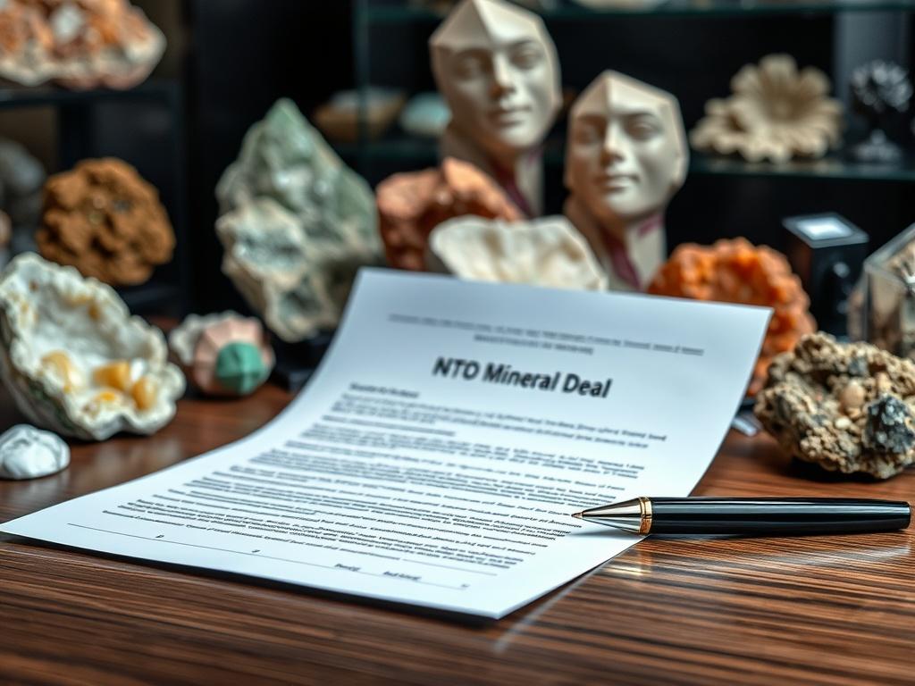 A close-up shot of a Mineral Deal Structuring Template on a desk, with a pen beside it. The background features an elegant display of various mineral specimens, creating a professional and inviting atmosphere.