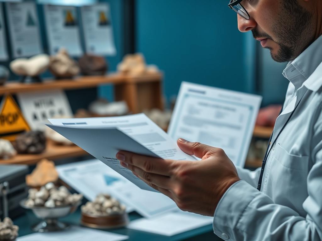 A close-up shot of a professional reviewing documents and certificates for supplier verification, with minerals displayed in the background.