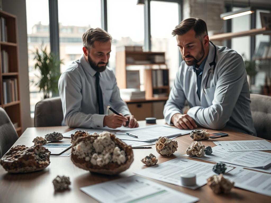 A close-up shot of two professionals discussing over a table with mineral samples and documents spread out, in a well-lit office setting.
