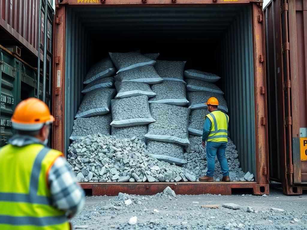 A close-up shot of a shipping container being loaded with mineral products, with workers in safety gear supervising the process.