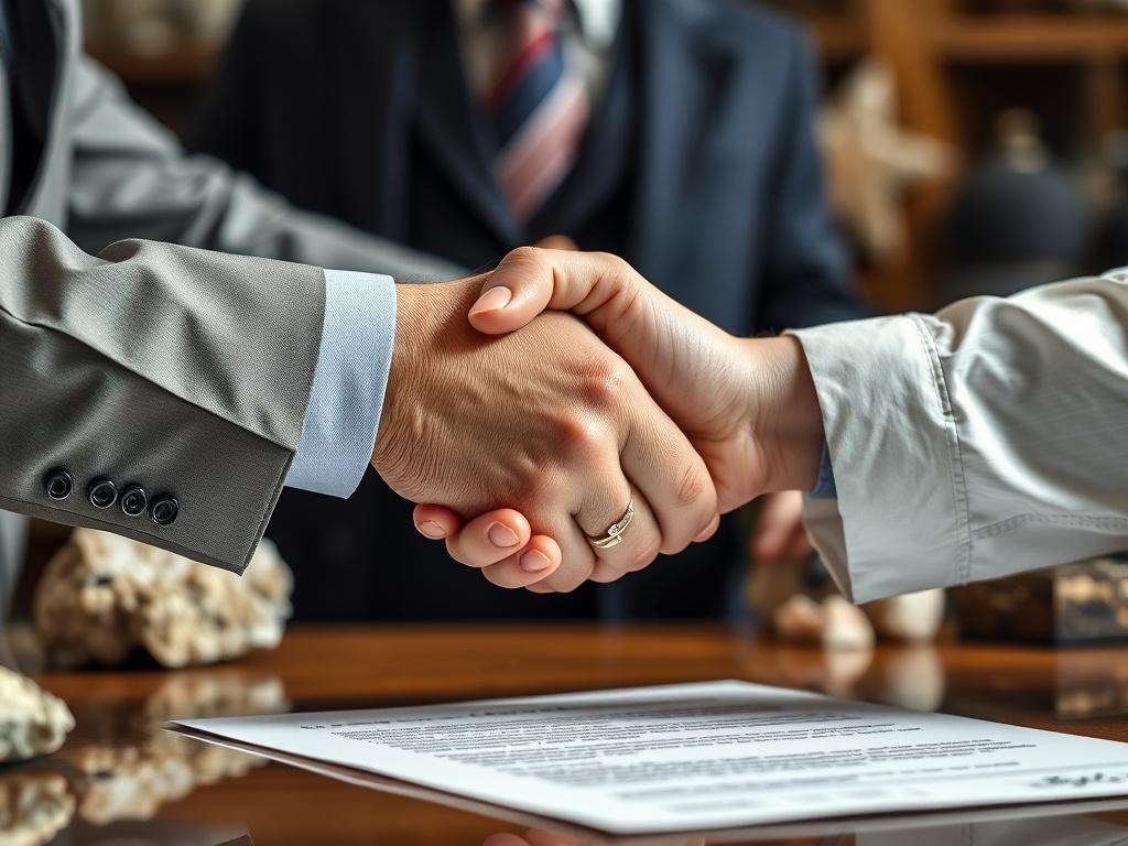 A close-up shot of two professionals shaking hands over a signed contract, with a backdrop of mineral samples.