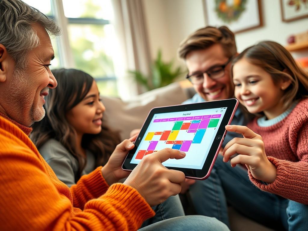 A close up shot of a family using a tablet