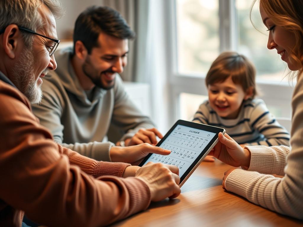 A close up shot of a family sitting around a
