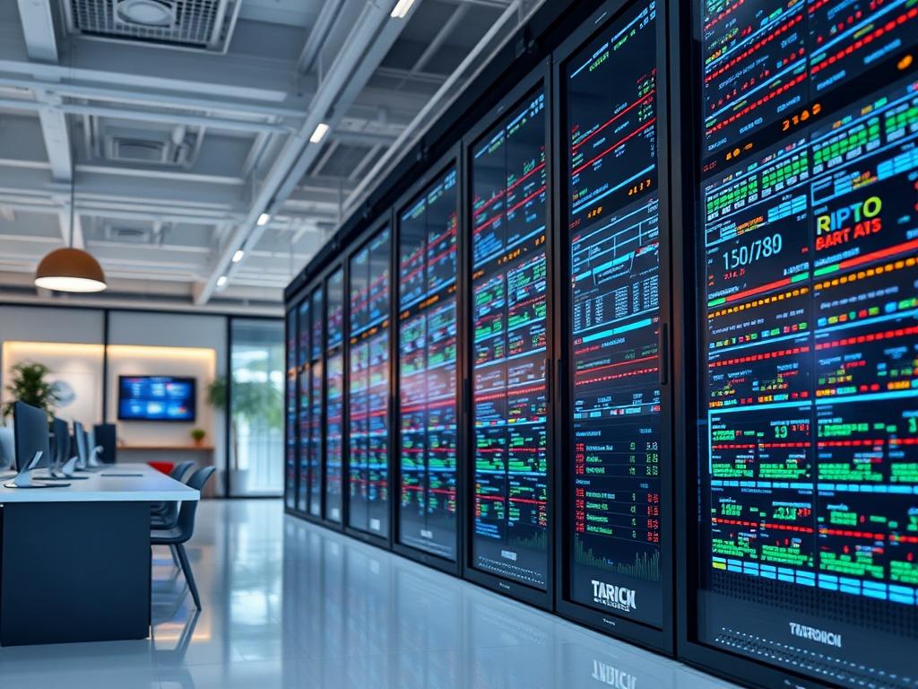 A highly detailed image of a modern data warehouse solution setup in a sleek office environment. The focus is on a large, high-tech server rack filled with blinking lights and digital screens displaying data analytics. The background is a minimalist office with a clear workspace and modern decor. The lighting is bright and emphasizes the technology, with a color palette that highlights the primary color rgb(236, 50, 98). The composition is simple and clear, showcasing the advanced technology of data warehou