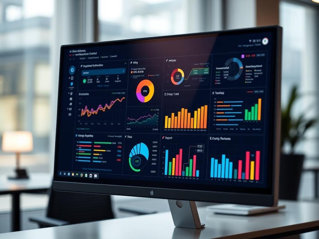 A hyper-realistic close-up shot of a modern data warehouse dashboard displayed on a sleek computer monitor. The dashboard showcases colorful graphs, charts, and data visualizations, emphasizing clarity and insight. The background is a subtle, blurred office environment to keep the focus on the dashboard. The color scheme incorporates vibrant shades that complement the primary color rgb(236, 50, 98). The lighting is soft and inviting.