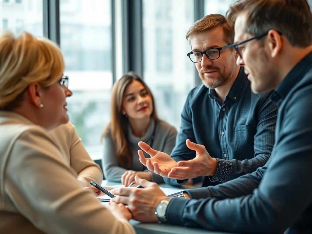 A close-up shot of a professional training session in progress, with a trainer explaining TikTok strategies to a small group of engaged participants. The setting is modern and bright, with a focus on interaction and learning. The color scheme should harmonize with rgb(236, 50, 98).