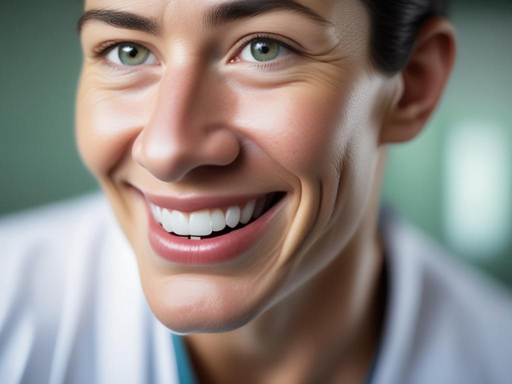A close-up shot of a healthcare professional in a clinical setting, showcasing a compassionate smile. The background should be softly blurred to emphasize the subject's facial features. The lighting should be warm and inviting, highlighting the professionalism and care that Elevatio Saúde e Performance embodies. The image should be realistic and high-resolution, shot with a 45mm f/1.2 lens style, with an overall color tone compatible with rgb(122, 86, 4).
