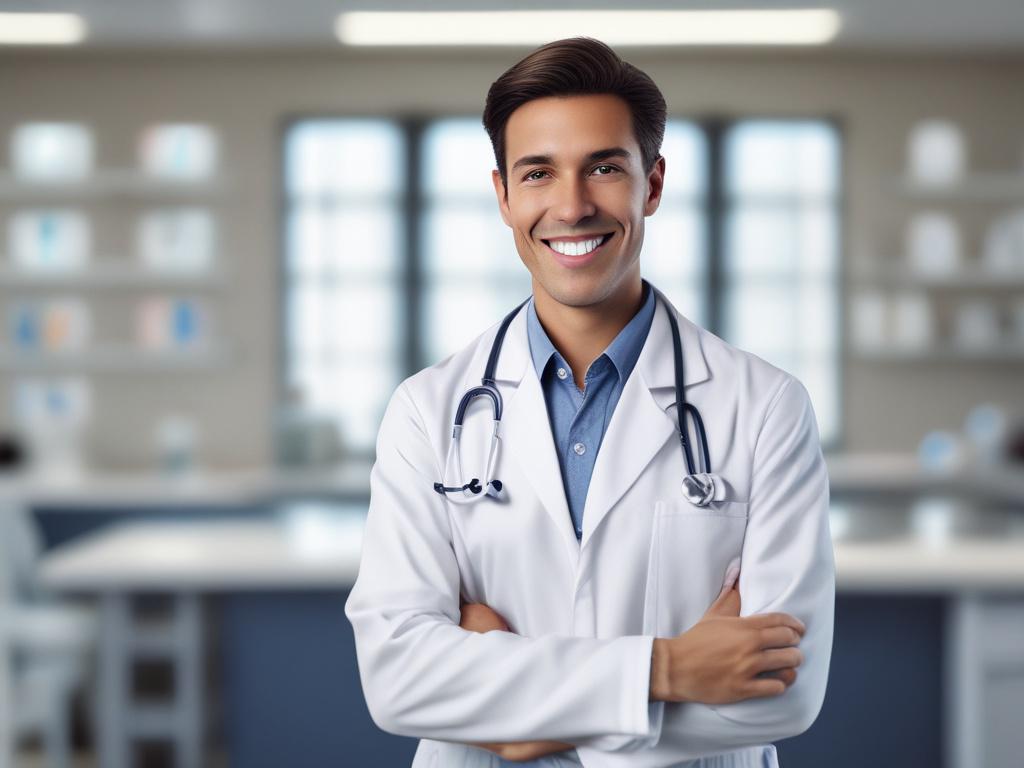 A close-up shot of a medical professional with a warm and confident smile, wearing a white coat, standing in a clinic environment. The background should be softly blurred to emphasize the subject. The lighting is warm and inviting, creating a sense of trust and professionalism. The subject should have a stethoscope around their neck and a caring expression, conveying a commitment to patient well-being. The color theme should incorporate rgb(50, 170, 39) in the environment.