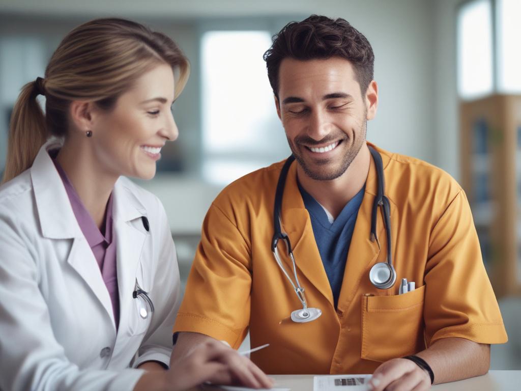 A close-up shot of a healthcare professional with a warm expression, engaging with a patient in a medical office. The background should be softly blurred, emphasizing the interaction. The professional is wearing a white coat, looking attentive and caring, with medical instruments subtly visible. The color scheme should include elements that reflect rgb(50, 170, 39).