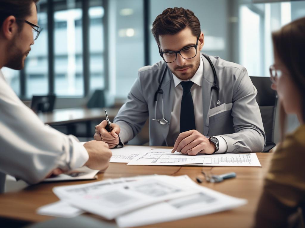 A close-up shot of a healthcare professional reviewing progress charts with a client in an office setting. The background should be organized and professional, emphasizing a collaborative atmosphere. The professional appears supportive and engaged, with a focus on the charts. The color scheme should include elements that resonate with rgb(50, 170, 39).