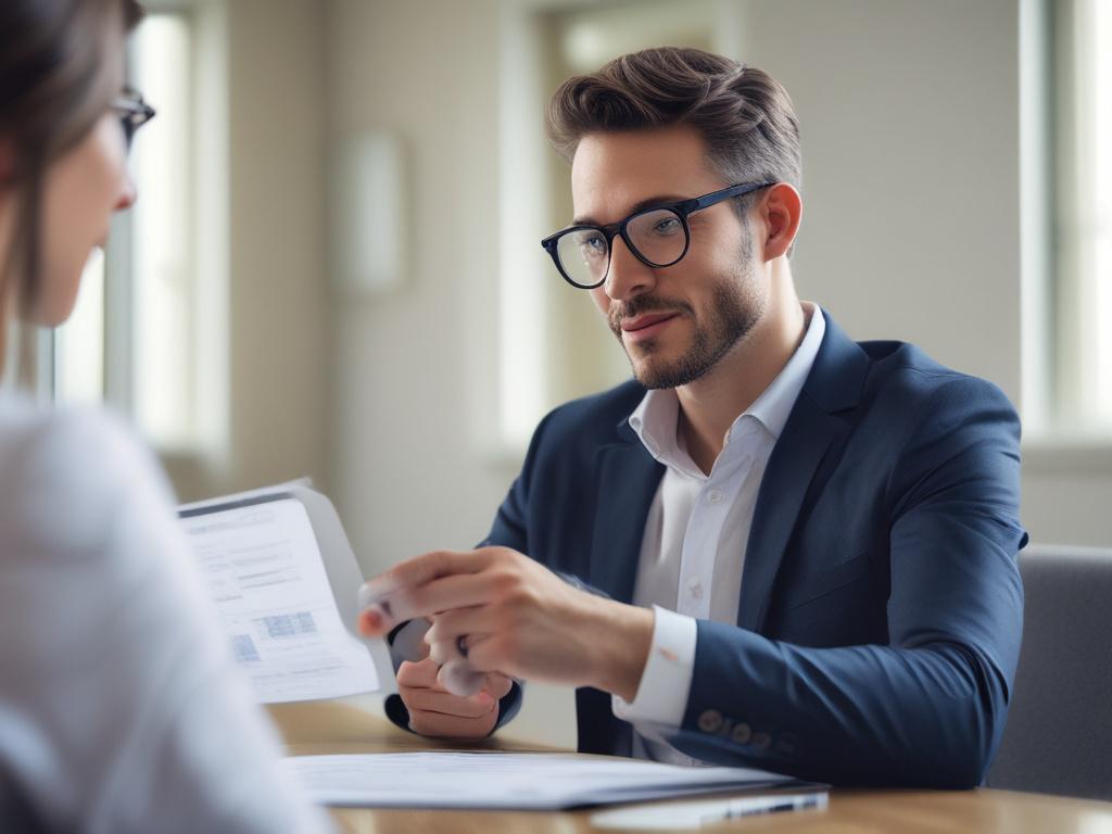 A close-up shot of a health consultant discussing a plan with a client, focusing on a document or tablet. The setting is modern and professional, highlighting the interaction. The consultant appears engaged and supportive, with an inviting demeanor. The color scheme should incorporate shades that resonate with rgb(50, 170, 39).