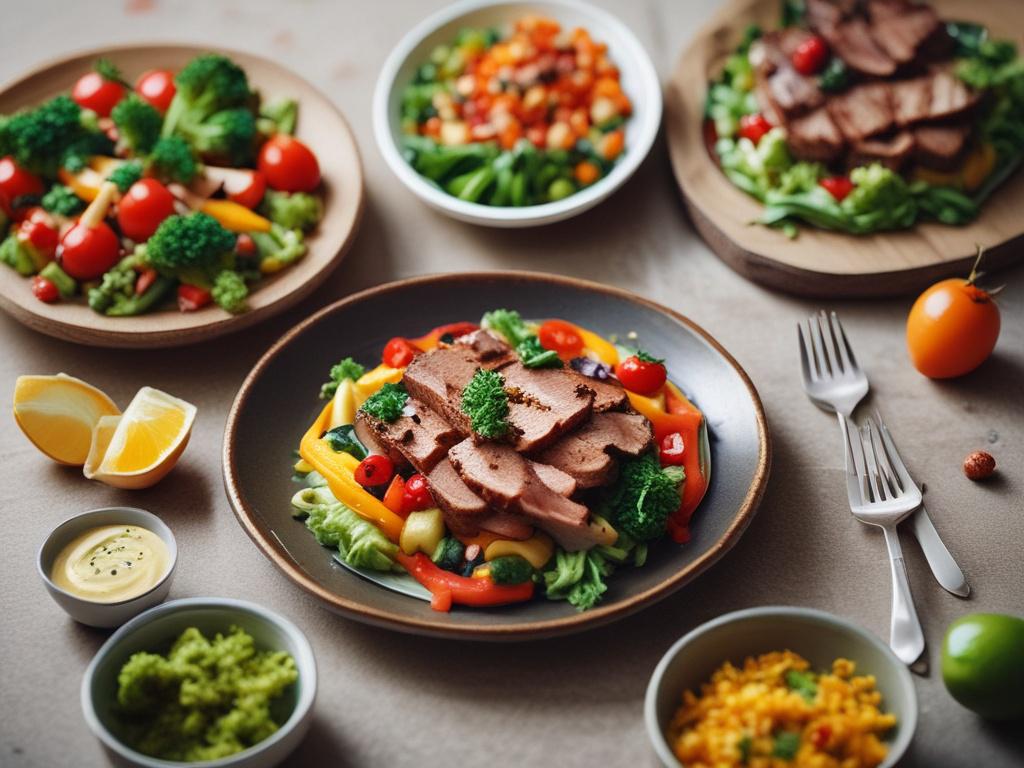 A high-resolution close-up shot of a healthy meal meticulously plated, featuring vibrant colors and fresh ingredients. The background is a kitchen setting, softly blurred, with a green color tone (rgb(50, 170, 39)) to highlight the freshness and vitality of the meal.