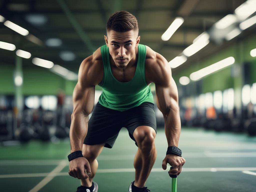 A high-resolution close-up shot of an athlete in a training session, showcasing determination and focus. The background is a blurred gym environment, with a vivid green color tone (rgb(50, 170, 39)) to emphasize the energy and vitality of the scene.