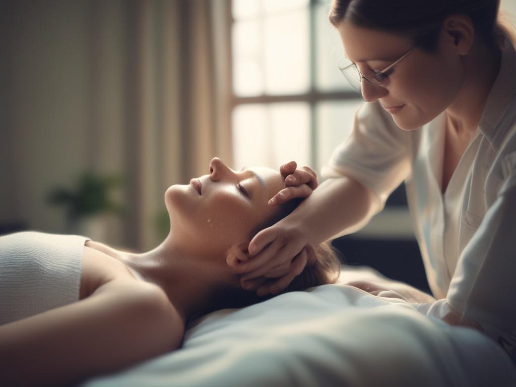 A high-resolution close-up shot of a serene therapy session, featuring a calm therapist engaging with a client in a peaceful environment. The background is softly blurred, with a green color tone (rgb(50, 170, 39)) to convey a sense of tranquility and support.