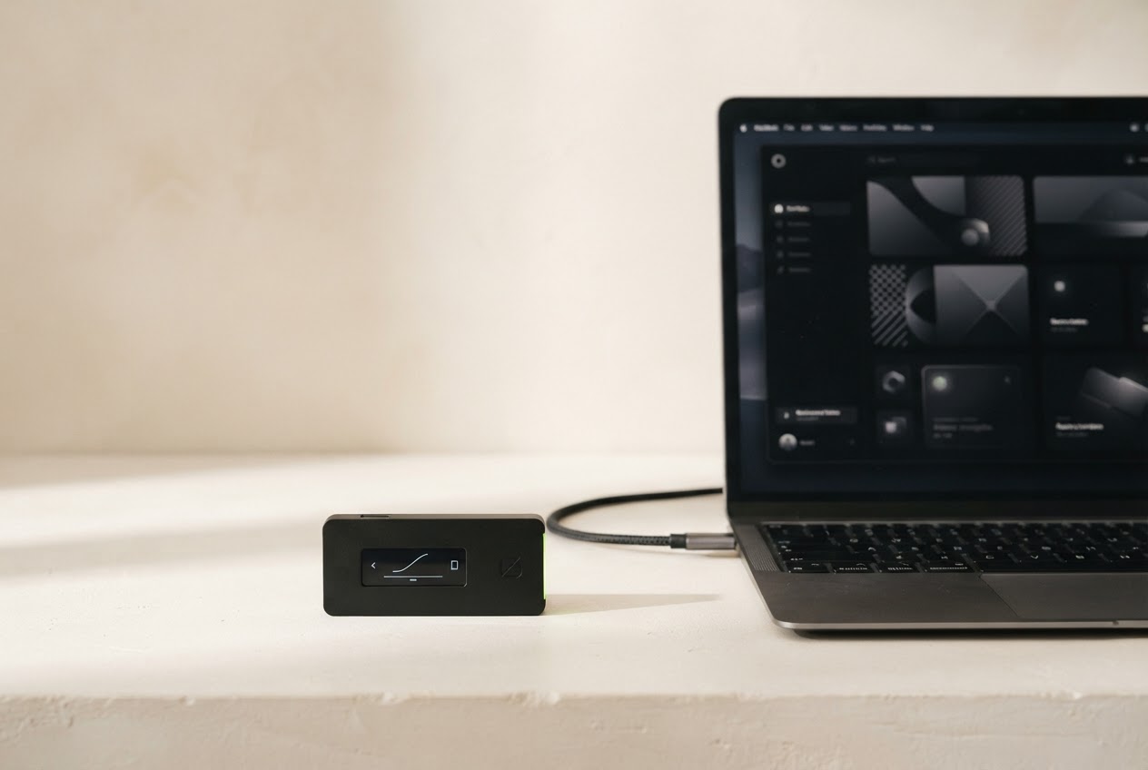 Trezor hardware wallet beside a laptop displaying a crypto portfolio