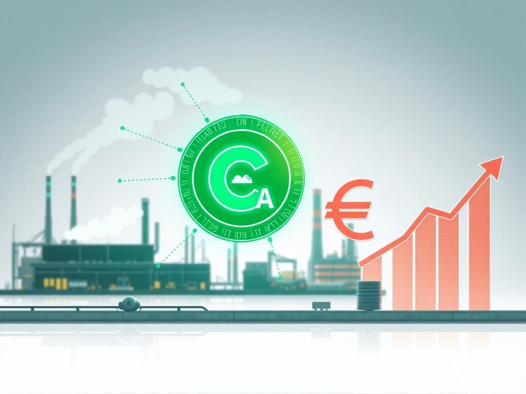 A futuristic and minimalistic digital illustration showcasing the transformation of carbon emission reductions into market value. On the left side, depict a clean industrial facility, such as a wastewater plant or factory, with CO₂ molecules fading away into the background. In the center, feature a glowing green digital token with a carbon symbol, connected through blockchain-style chains. On the right side, incorporate financial growth icons, including a euro symbol and an upward graph, to represent market